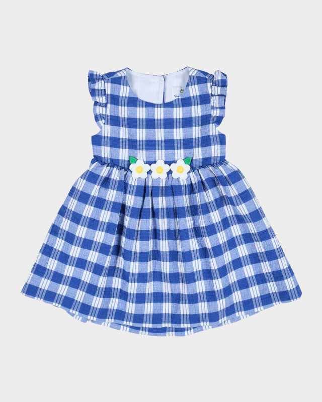 Girl's Plaid-Print Seersucker Dress W/ Floral Appliques, Size 2-6
